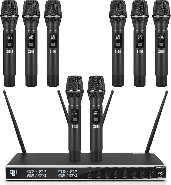 XTUGA MT8 8 Channel Wireless Microphone System,Handheld Metal Mics Set | Wireless Cordless Microphone Set,Fixed Frequencies,230ft Range,Dynamic Mics for Singing,Karaoke,Church,Wedding,DJ