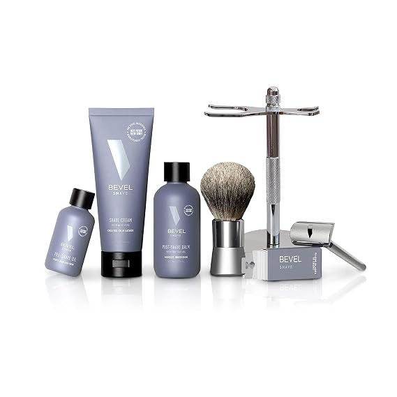 BEVEL Men's Starter Kit: Safety Razor, Shaving Brush, Stand, Cream, Oil, Balm & 20 Blades