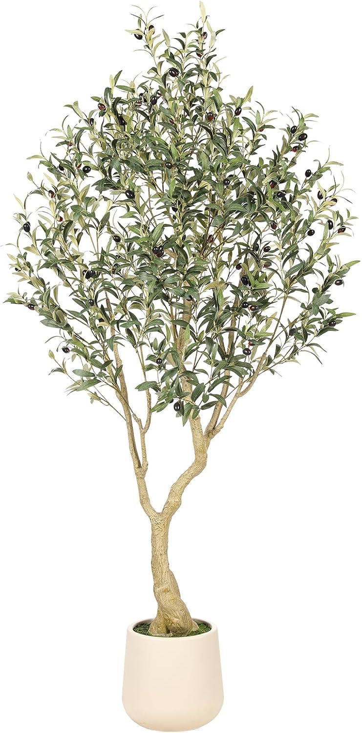 Realead 6ft Artificial Olive Tree with Tall Exquisite Planter - Realistic Faux Olive Tree with Thick Trunk and Lifelike Fruits - Large Fake Olive Tree for Home Office Decor