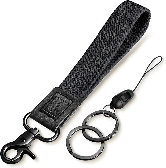 Fishent Stretchy Wristlet Keychain,Braided Cute Wrist Lanyards for Keys, Key Chain Holder for Women Men, Wrist Strap Keychain for Car Keys Phone Camera Wallet ID Badges Card (Black)