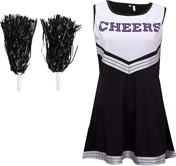 Cherry-on-Top Cheerleader Fancy Dress Outfit Uniform High School Costume With Pom Poms Black And White Cheerleader, X-Small