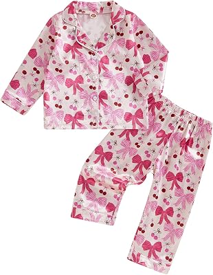 MAINESAKA Toddler Baby Girl Satin Silk Pajamas Long Sleeve Button Down Shirt Long Pants Pjs Fall Winter Sleepwear Lounge Set