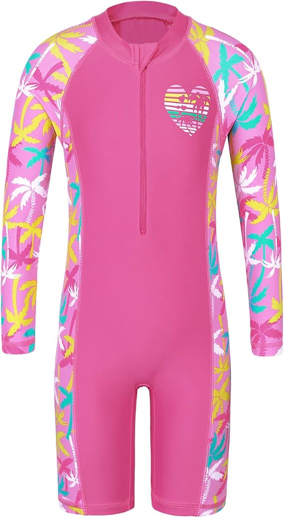 TFJH E Girls UPF 50+ Long Sleeve Rash Guard Zip Swimsuit One Piece 3-14Y | Beach days, pool parties, water park fun, summer holiday, she'll stay comfy and happy in this cute kids swimwear favorite.