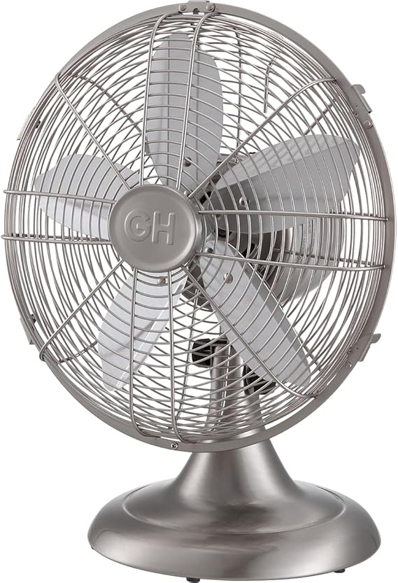 Good Housekeeping (92605) All-Metal 12" Retro Desk Office Table Fan with Wide Oscillation, 3-Speed Settings & Carrying Handle (Brushed Nickel)