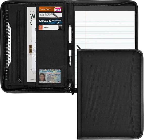 Zippered Portfolio Organizer/ A4 Refillable Lined Writing Notepad Folder Case/Fabric-Covered Padfolio Binder with Interior Storage Pocket for Men Women.Classic Black