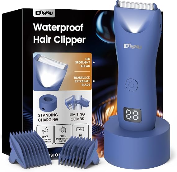 Trimmer for Men, ENSSU Waterproof Manscape Body Hair Trimmer for Men with Ceramic Blade &LED Display,Electric Shaver with USB Charging for Face/Chest/Legs/Arms,Wet/Dry Use & Nick-Free Body Groomer