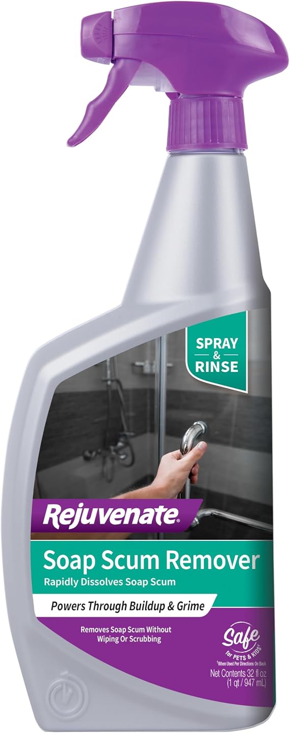Rejuvenate Soap Scum Remover, 32 Ounces, Easily Dissolves Soap Scum Without Scrubbing | Gentle For Daily Use, Non-Bleach Formula is Safe on Glass Showers, Ceramic Tile, Chrome & More, Safe For Pets & Kids