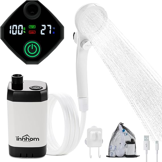 innhom Portable Shower, Outdoor, 6,000 mAh, 2 Outflow Modes, Water Flow Rate Adjustable, USB Rechargeable, Electric Shower, Water Saving Shower, Simple Shower, Pumping from Bathtub, Indoor/Outdoor,
