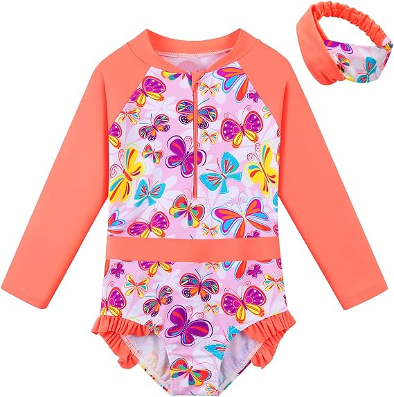 Girls One Piece Swimsuit Long Sleeve Beach Bathing Suit UPF 50+ Sun Protection Rashguard Swimwear with Hairband & Shorts