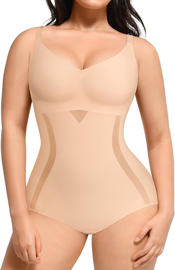 SHAPELLX Shapewear for Women Tummy Control Body Shaper Slimming Bodysuit V Neck Body Shaper Suit Butt Lifter