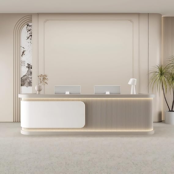 Macaron Colors Reception Desk, Delicate Stripe Decoration Reception Desk with Hidden LED Lighting Lockable Drawers for Office, Salon, Bar, Dental Clinics, Fitness Centers