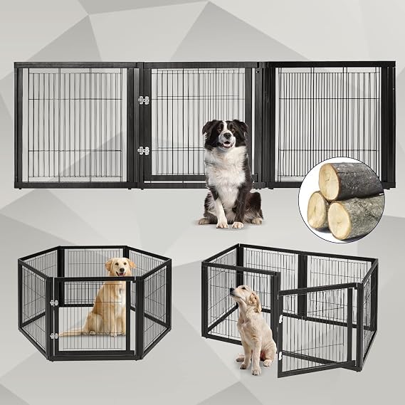32'' Pet Playpen with Solid Wood and Wire, 6 Panels Freestanding Dog Gate with Walk Through Door, Safety Fence Pen Playpen for Dogs Cats Pets, Black