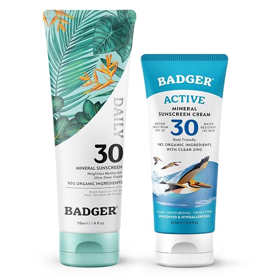 Badger SPF 30 Active Mineral Sunscreen + SPF 30 Daily Mineral Sunscreen, Reef-Friendly Sunscreen with Zinc Oxide