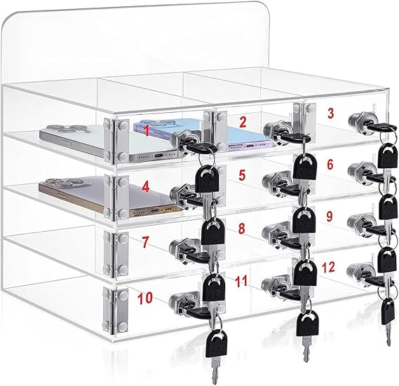 Cell Phone Locker Box Clear Acrylic Cell Phone Storage Cabinet Wall Mounted Mobile Phone Safe with Door Locks &amp; Keys for Classroom School Office (12 Slots)