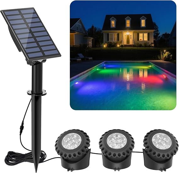 T-SUN Solar Pond Lights (Set of 3) RGB Submersible Underwater Pond Lights Color Changing with 6 LEDs Each IP68 Waterproof Landscape Spotlight for Pond Waterfall Fish Tank Garden Yard Pool Fountain [Energy Class A]