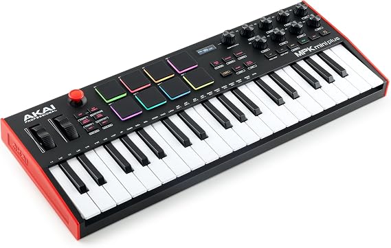 Akai Professional MPK Mini Plus USB MIDI Keyboard Controller, 37 Mini Keys, 8 MPC Pad, Sorter, MIDI/CV/Gate I/O, Music Production Software Included