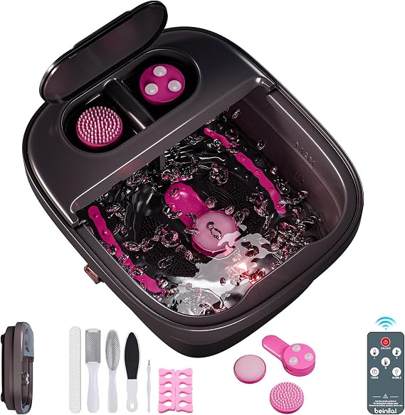 Beinilai Collapsible Foot Spa Massager with Heater,Remote Control | Temp Control,3 Pedicure Attachments,Pedicure Foot Bath with Bubble and Handle for Relive Stress