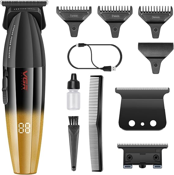 VGR 906 Fresh Fade Professional Hair Trimmer, 9000rpm Zero Gapped Beard Trimmer with Blade for Men, DLC T-Blade Cordless Hair Clipper for Barbers and USB Rechargeable, Gold