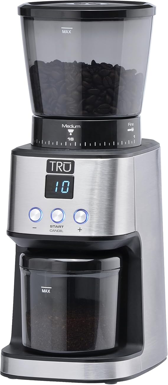 TRU Conical Burr Coffee Grinder with 30 Settings, 9 oz Hopper | Precision Coffee Bean Grinder with 30 Grind Settings, Adjustable Grind Time & Digital Countdown for Espresso & Drip