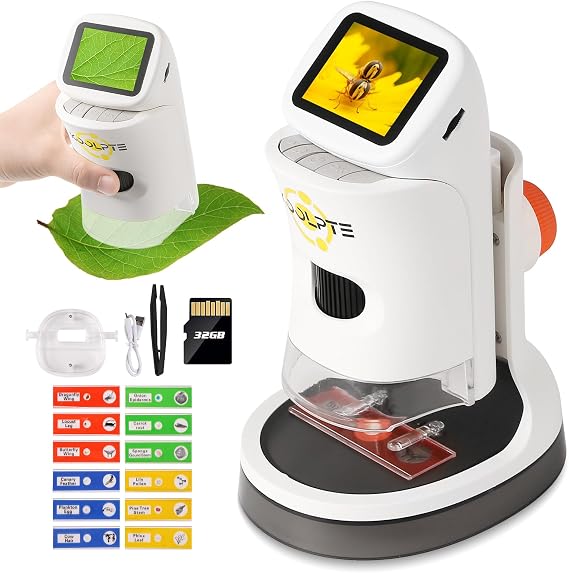 Handheld Digital Microscope for Kids, 1000X, 2.1'' HD LCD Screen | STEM learning toy for ages 8-12; 6 LED lights, slides, 32GB card, photo/video capture, and a gift for boys and girls.