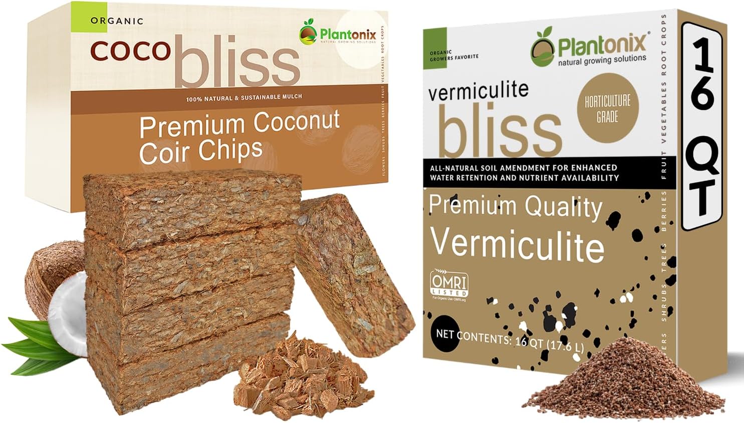 Vermiculite Bliss 16 Qts  Coco Chips 650gm Bricks 5-Pack - Organic Coco Chips for Plants & Vermiculite for Gardening - Coconut Mulch Bricks - Coconut Husk Chips - Fine Vermiculite for Plants