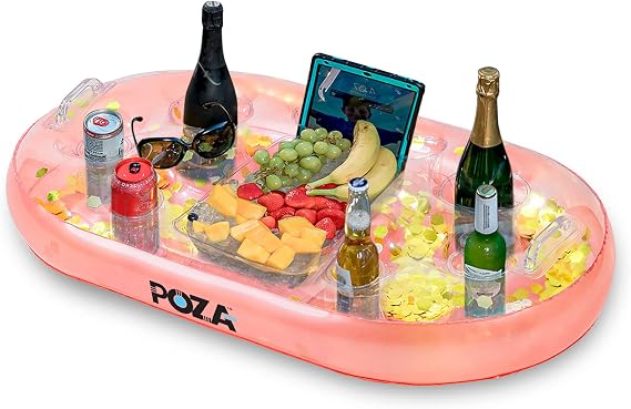 POZA Inflatable Gold Floating Cooler - Luxurious Drink Holder Filled with Sparkly Confetti, Premium Party Float with 8 Holders, Serving Bar for Beach,