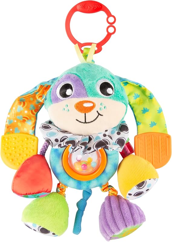 Playgro Activity Friend Doofy Dog, Vibrant Pram Rattle Toy with Easy Attach Clip for Prams, Car Seats & Capsules - Engaging Dog Baby Toy with Textured Bug Teether for Gums - from 0 Months