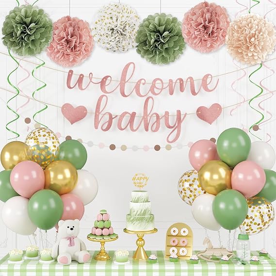 Welcome Baby Banner, Girl Baby Shower Decorations with Dusty Pink Balloons Pom Poms Flowers Hanging Swirl Streamers Circle Dots Garland Gender Reveal Decorations Birthday Party Supplies