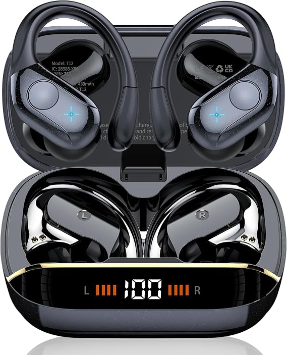 Qecnato Wireless Earbuds Bluetooth 5.4 Headphones 75H Playtime Stereo Deep Bass Sports Ear Buds with Earhooks, LED Display Bluetooth Earbuds, Silver