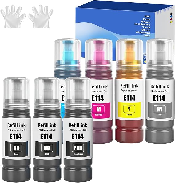 7 Color 114 Ink Compatible with Epson 114 Ink Cartridges Bottle Multipack for EP ET-8500 ET-8550 Ink Tank Printer (6 Pack, 2 Black/Photo Black/Cyan/Magenta/Yellow/Grey)