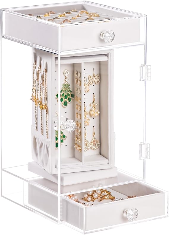 Homde Rotating Jewelry Box for Women: 3-Layer Organizer with 2 Drawers