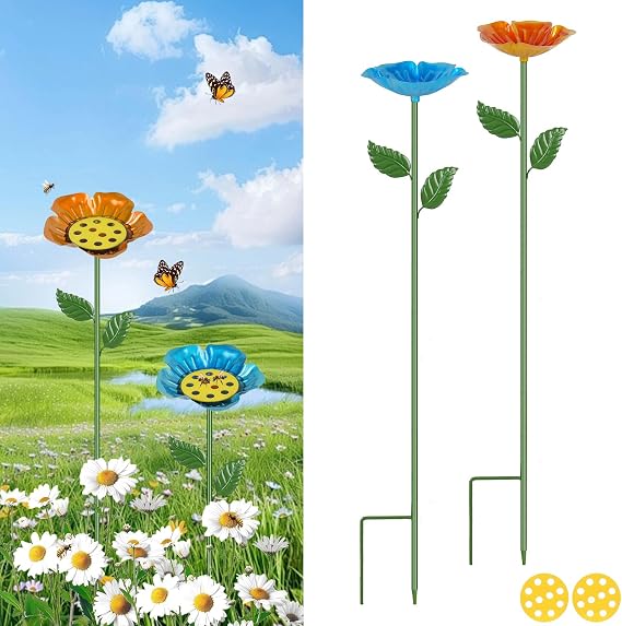 Tryly Bee Watering Station, Metal Flower Shape Colorful Bee and Butterfly Bath Bowl, Outdoor Yard Pollinator Watering Stake Decor (2Pcs (Blue,Orange))