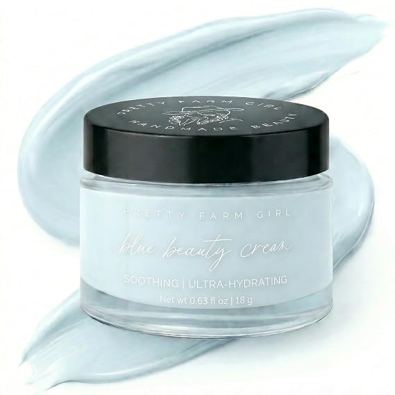 Pretty farm girl Blue Beauty Tallow Face Cream - Ultra-Hydrating & Rejuvenating - Blue Tansy Flower Oil Scent - Handmade - All Skin Types - For Around the Eyes, Neck, and Lips