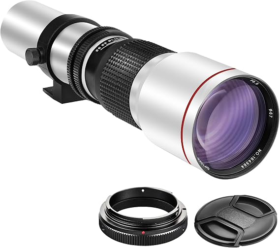 High-Power 500mm f/8 Manual Telephoto Lens for D500, D600, D610, D700, D750, D800, D810, D850, D3100, D3200, D3300, D3400, D3500, D5000, D5200, D5300, D5500, D5600, D7100, D7200, D7500 (White)