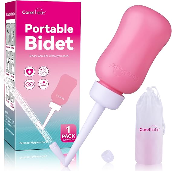 Carethetic Peri Bottle, 10oz Upside Down Portable Bidet for Postpartum Care, Perineal Cleansing with Angled Nozzle, Travel Bag, New Mom Essentials, Pink