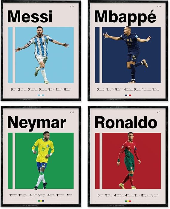 A ART·ZONE Football Posters 8 x 10 Inch Canvas Prints Unframed Set of 4 - Messi Ronaldo Mbape and Neymar Famous Football Superstar Poster Sports Decor Wall Art for Boys Bedroom