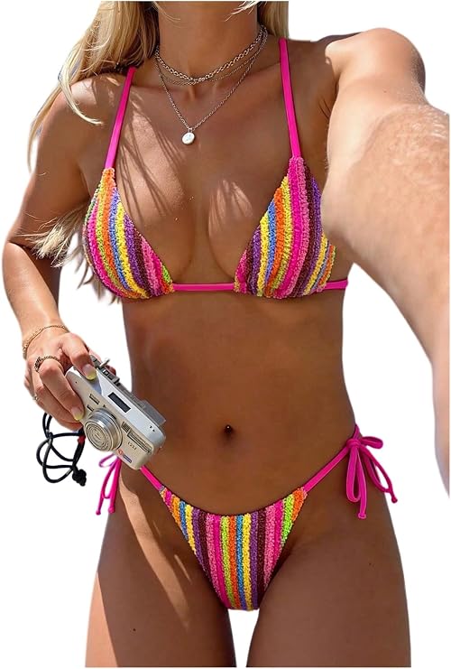 GORGLITTER Women's Striped Crochet Bikini Set Boho Knitted Halter Triangle Sexy Thong Bathing Suit Summer Beach Swimsuits