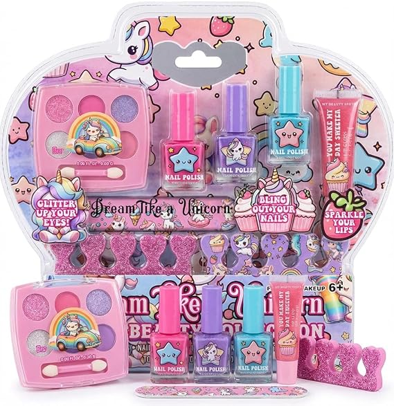 Kids Makeup Kit for Girls - Little Girls Makeup Set with Eyeshadow Palette, Lip Gloss, 3 Nail Polishes, Nail File & 2 Toe Separators - Safe, Washable Beauty Gift for Ages 6+