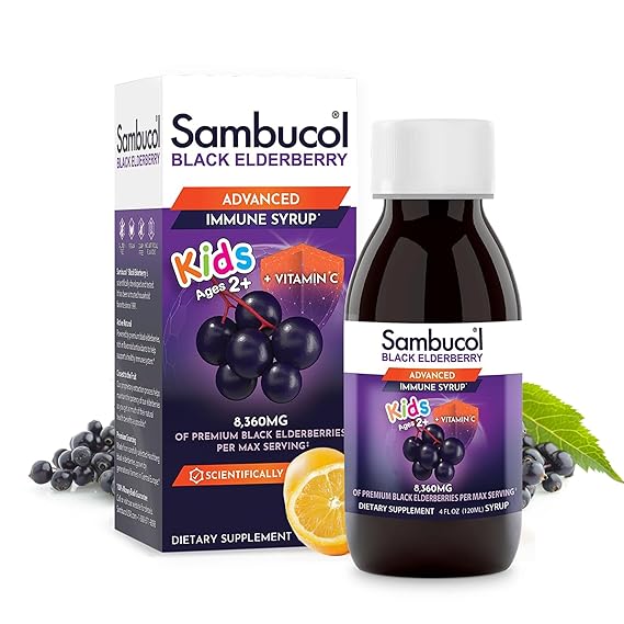 Sambucol Black Elderberry Syrup for Kids - Elderberry Liquid with Vitamin C for Kids No Artificial Flavors, High Antioxidants, Daily Wellness Support, Berry Flavored - 4 Fl Oz