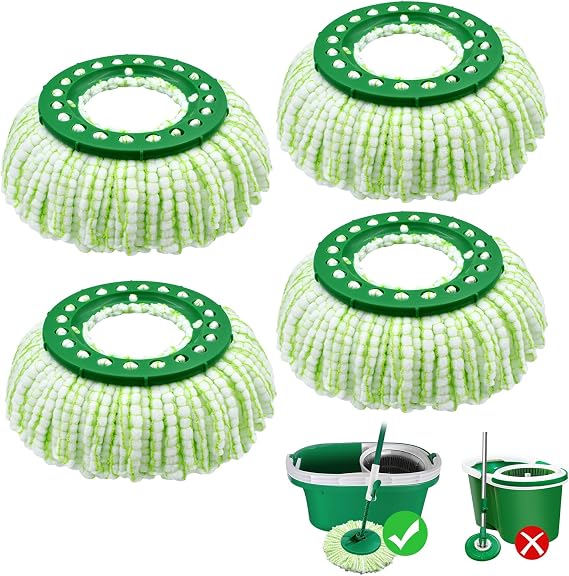 Tornado Spin Mop Head Compatible with Libman Tornado Spin Mop System, Machine Washable & Reusable for Libman Mop Head Replacement Refill for Libman Tornado Mop Head (4 Pack Green & White)