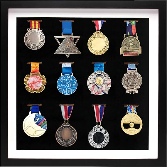 16x16 Medal Display Case for 12 Medals, Black | Solid Pine Wood, Holds 12 Medals, Wall Mountable, Acrylic Cover, Rustic Black Decor, for Marathons, Sports, Military Awards