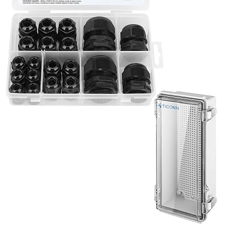 TICONN Waterproof Electrical Junction Box IP67(Clear, 10.2"x4.3"x3.0")+ 20 Pcs IP68 Waterproof Cable Gland Kit (Black)