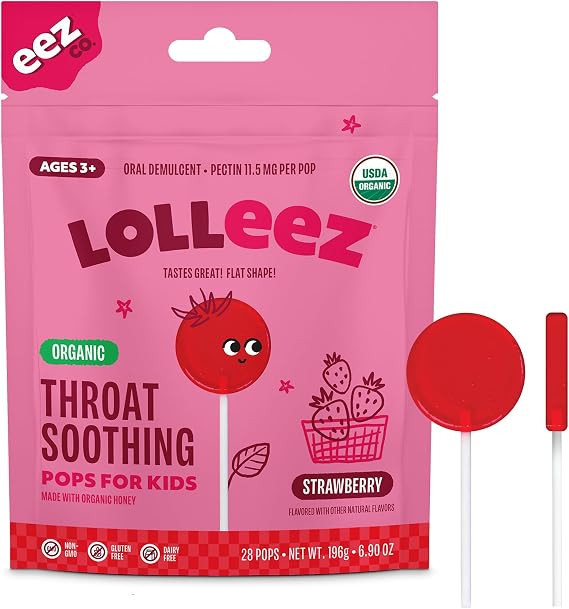Lolleez Organic Lollipops for Kids Sore Throat Relief, Perfect for Soothing A Sore Throat While Tasting Great, Perfect for Back-to-School, Strawberry Flavor, 28 Count