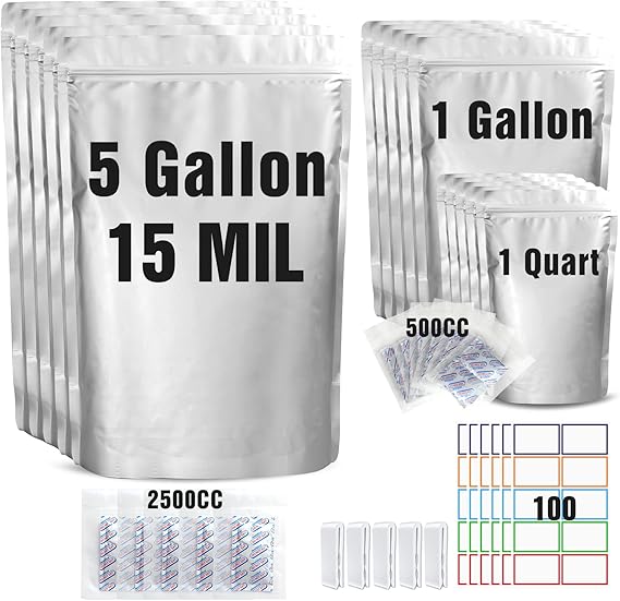 15 Mil 5 Gallon Mylar Bags for Food Storage with 2500cc Oxygen Absorbers - 55 Pack Mylar Bags Include 5 Gallon, 1 Gallon,1 Quart, 100 Pcs Labels and 500cc Oxygen Absorbers for Long Term Food Storage