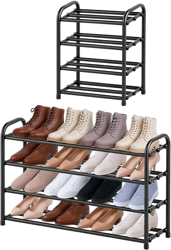 Extendable Large Metal Shoe Rack Storage, 4 Tier, Black