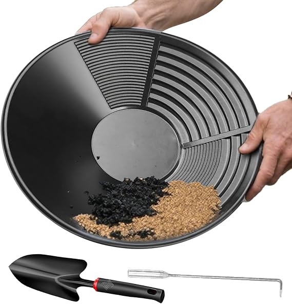 Gold Panning Kit, 350mm Extra Large Black PP GoldPan with Shovel and Hook, Manual Gold Washing Pan for Nuget Mining Dredging Prospecting