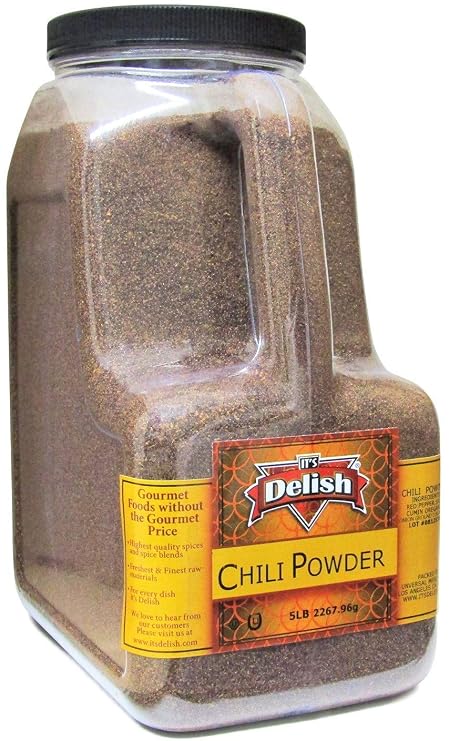 Gourmet Dark Red Chili Culinary Powder Its Delish 5 lbs. - 80Oz Jumbo Reusable Jug (Container) All Natural Dried Blend of Chili Peppers Great for Cooking, Marinating, Stews, Soups & Roasting