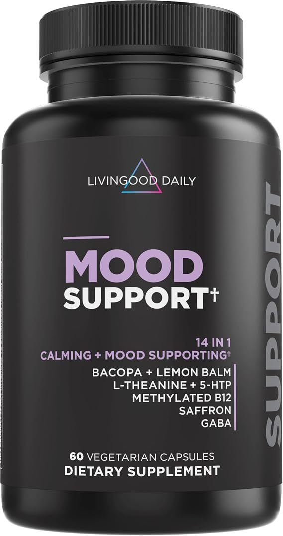 Livingood Daily 14-in-1 Mood Support Supplement, 60 Capsules | Calming, Focus & Emotional Wellness, L Theanine, Lemon Balm, GABA, Saffron, 5-HTP, Vitamin B12, Non GMO, Vegan, Made in USA