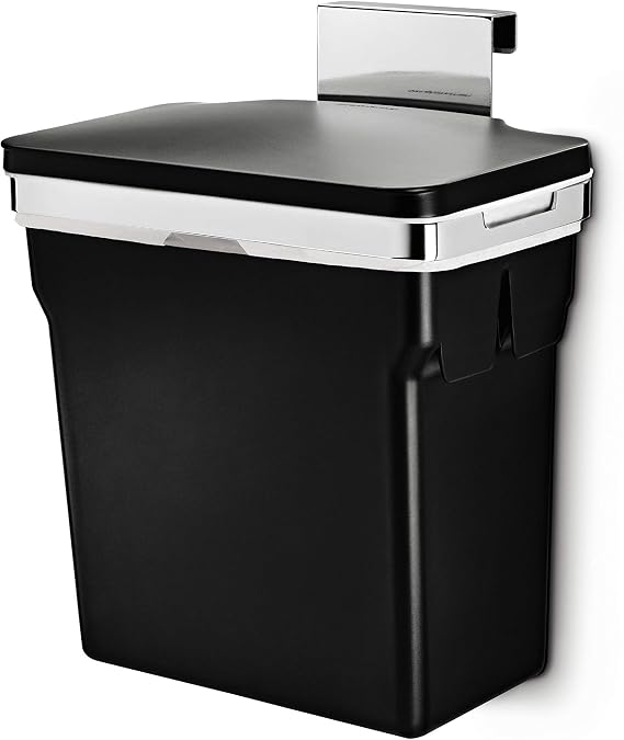 simplehuman CW1643 10L In-Cabinet Cupboard Kitchen Door Bin with Lid, Removable Bucket, Polished Heavy-Duty Steel Frame