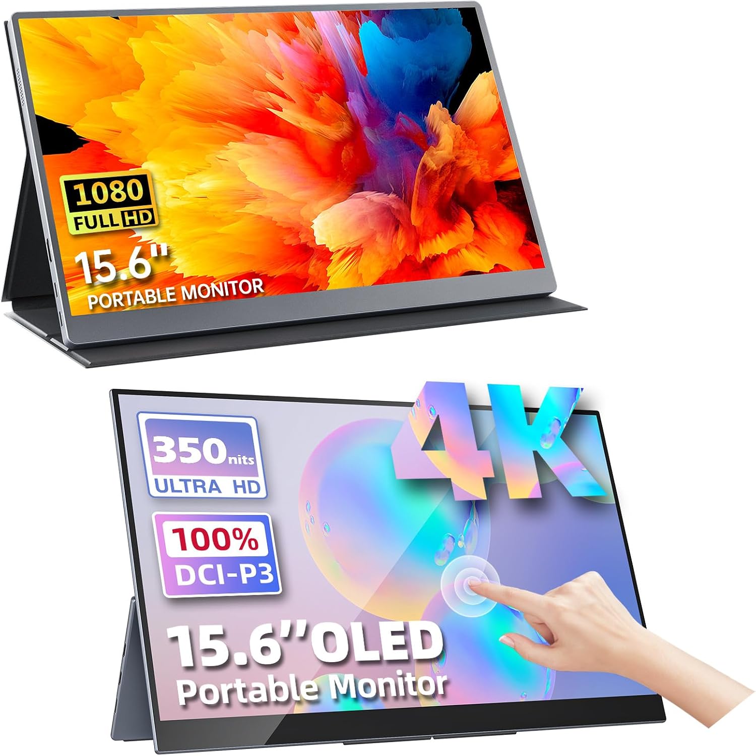Portable Monitor Bundle 15.6 [FHD IPS Non-Touch with Cover & 4K Touch OLED with Kickstand] Travel Monitor for Laptop MacBook PC Surface Xbox Game Console, VESA Compatible